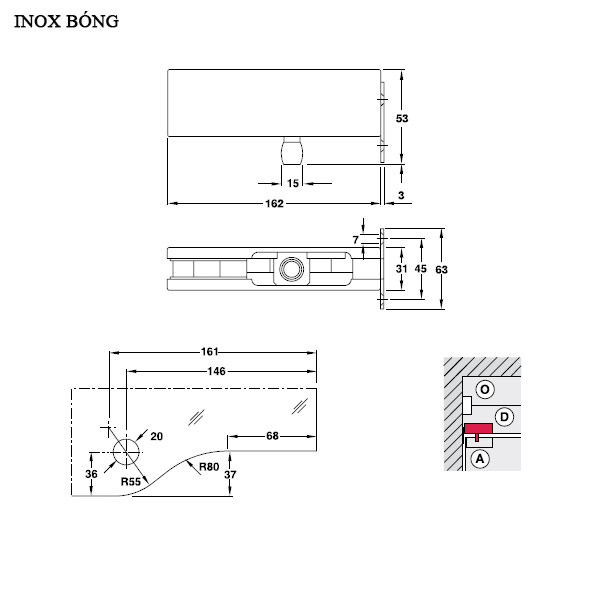 Kích thước Kẹp kính trên khung gắn tường Hafele 981.00.111