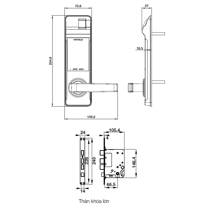 Kích thước KHÓA ĐIỆN TỬ HAFELE EL7700-TCS 912.05.584