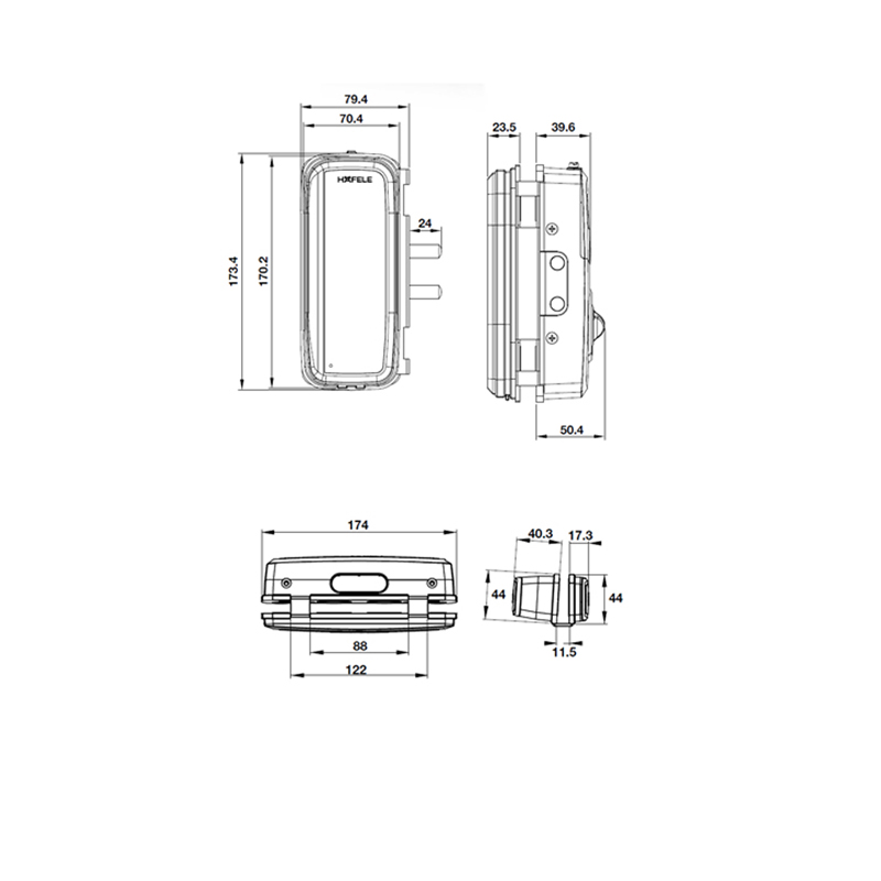 Kích thước Khóa điện tử cửa kính Hafele ER4400-TC 912.05.700