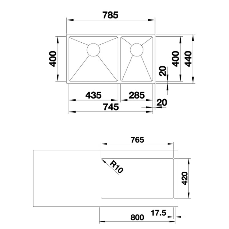 Kích thước chậu âm Blanco Quatrus R15 570.27.179