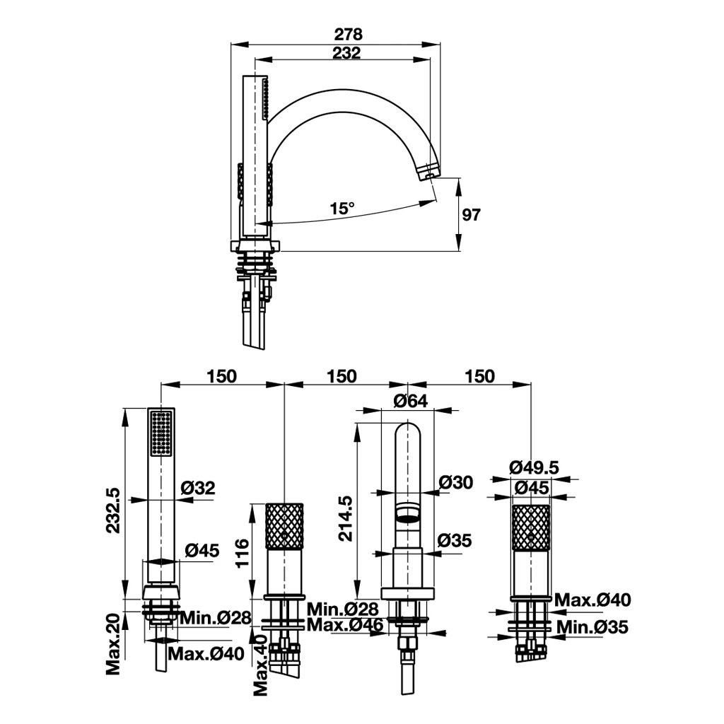 Kích thước Bộ trộn 4 lỗ Hafele Charm 589.02.638