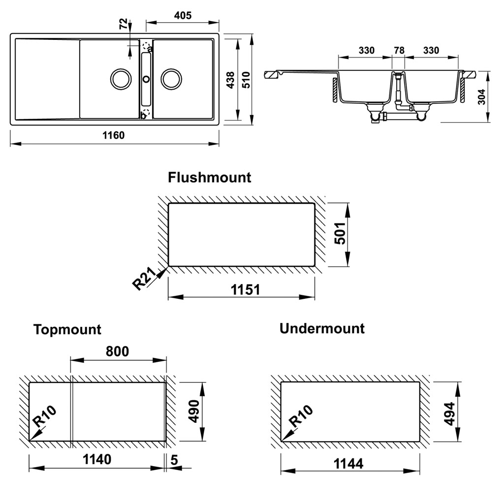 Kích thước Chậu rửa bát hafele Antonius HS-GD11651 570.33.330