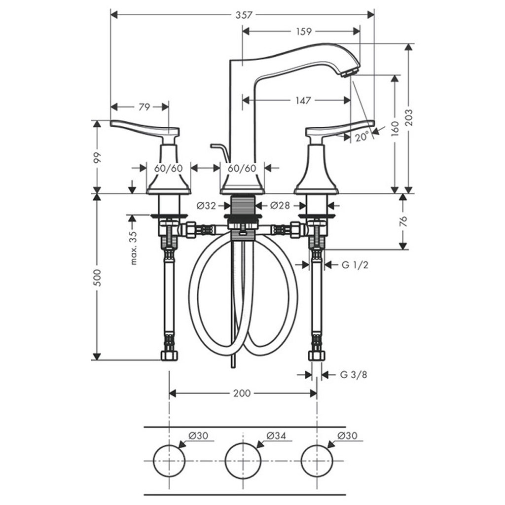 kich thuoc voi lavabo 3 lo Hansgrohe Metropol Classic 589.54.605